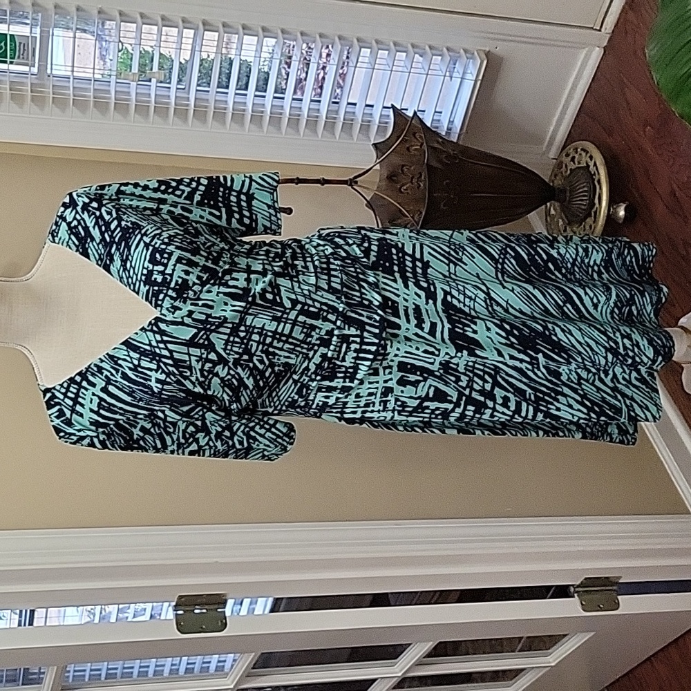 Evan-Picone dress aqua navy blue half sleeve criss-cross front stretch A line 12